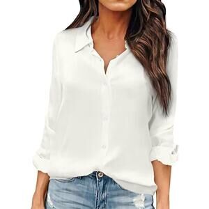 OMSJ Women Button Down Shirt Long Sleeve Chiffon Office V Neck Casual Blouse 2XL